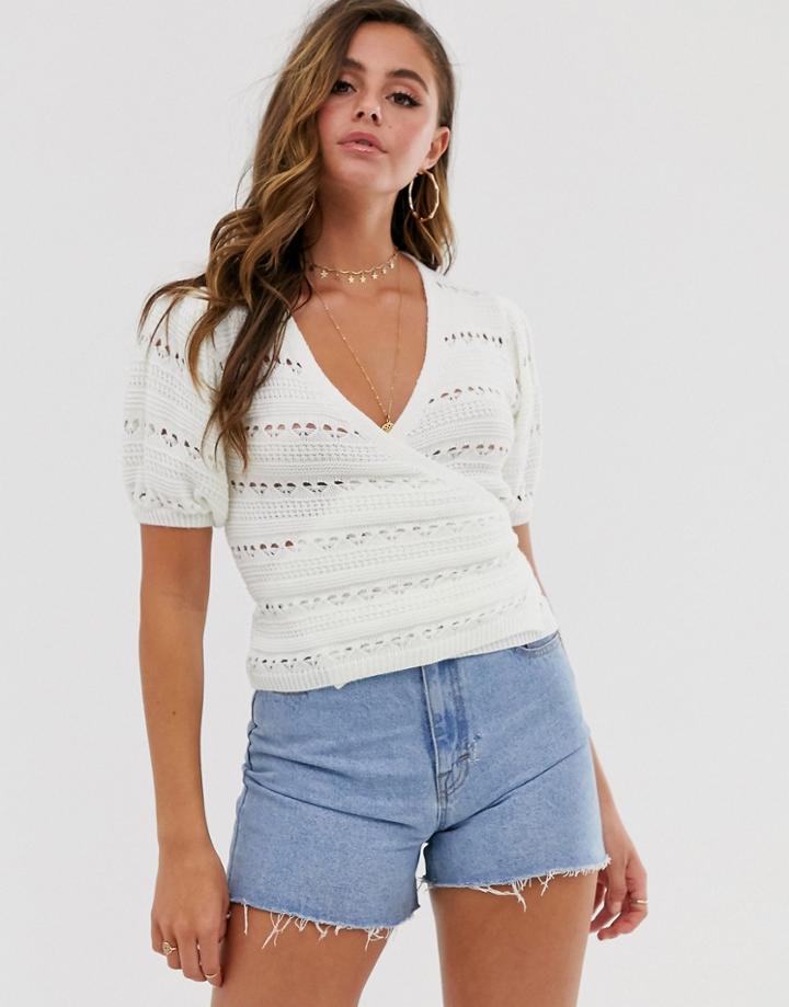 Asos Design Crochet Wrap Top With Puff Sleeve - White