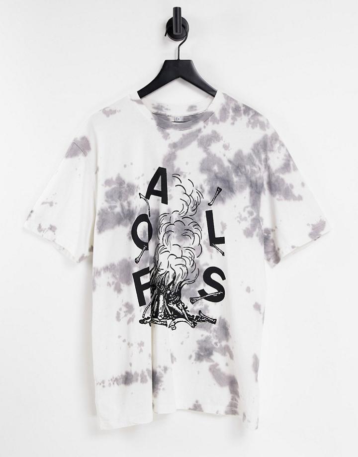 Topman Oversized Tie Dye T-shirt With Foals Fire Print In Gray-grey