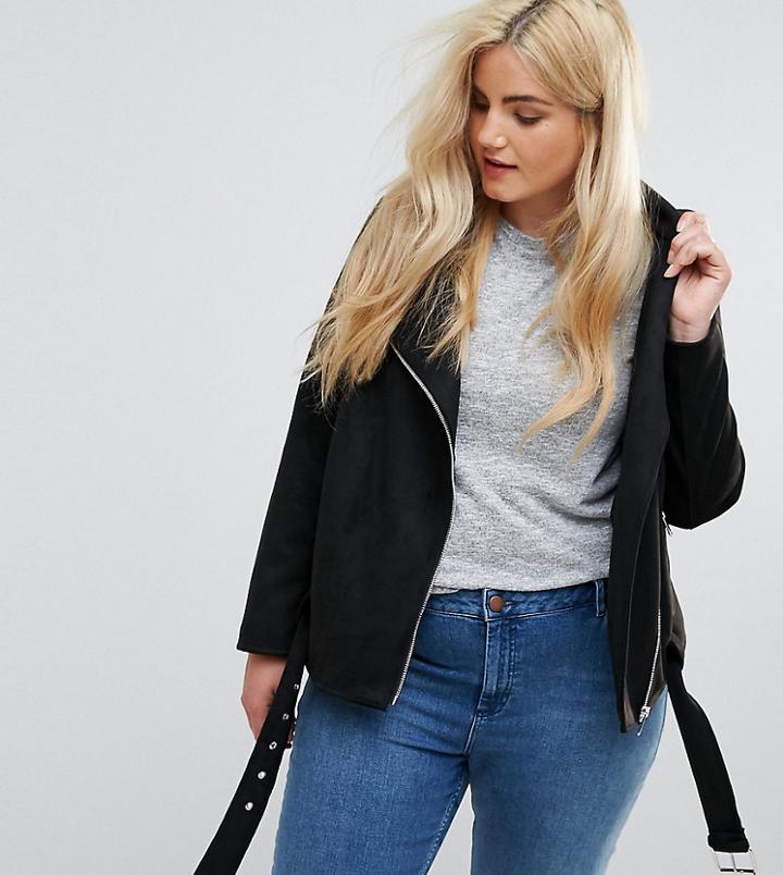 New Look Curve Suedette Biker Jacket - Black