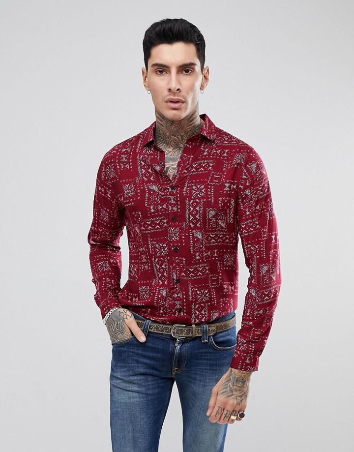 Asos Regular Fit Viscose Shirt In Geo-tribal Print In Red - Red