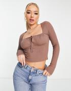 Asos Design Ribbed Square Neck Top With Tie Detail In Brown