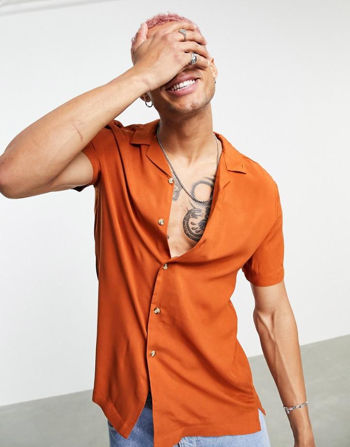 Asos Design Regular Viscose Shirt With Revere Collar In Dark Rust-orange