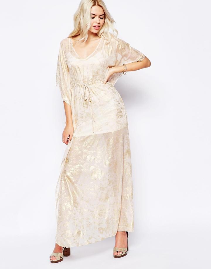 Traffic People Silk Caftan Maxi Dress In Foil Print - Light Pink