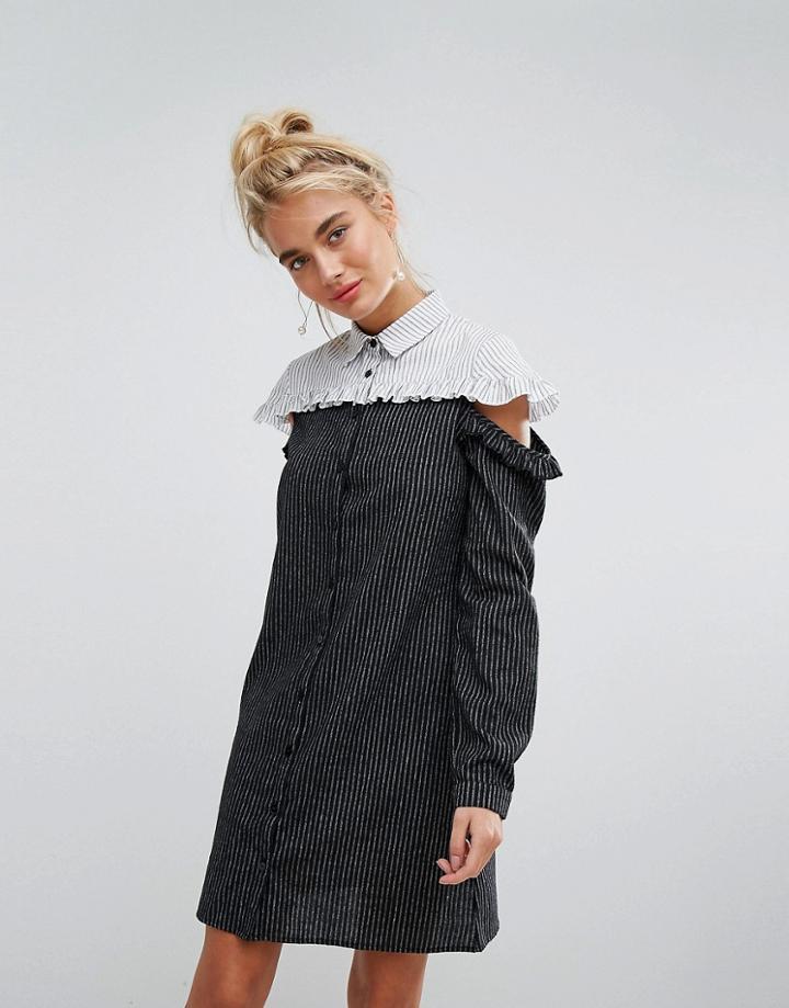 Willow And Paige Shirt Dress With Cold Shoulder Ruffle In Contrast Stripe - Blue