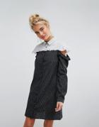 Willow And Paige Shirt Dress With Cold Shoulder Ruffle In Contrast Stripe - Blue