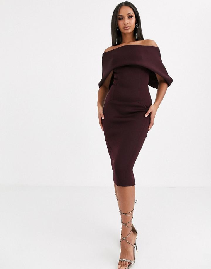 Asos Design Fold Front Bardot Midi Pencil Dress-purple