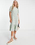 Qed London Puff Sleeve Pephem Midi Dress In Floral Gingham Print-green