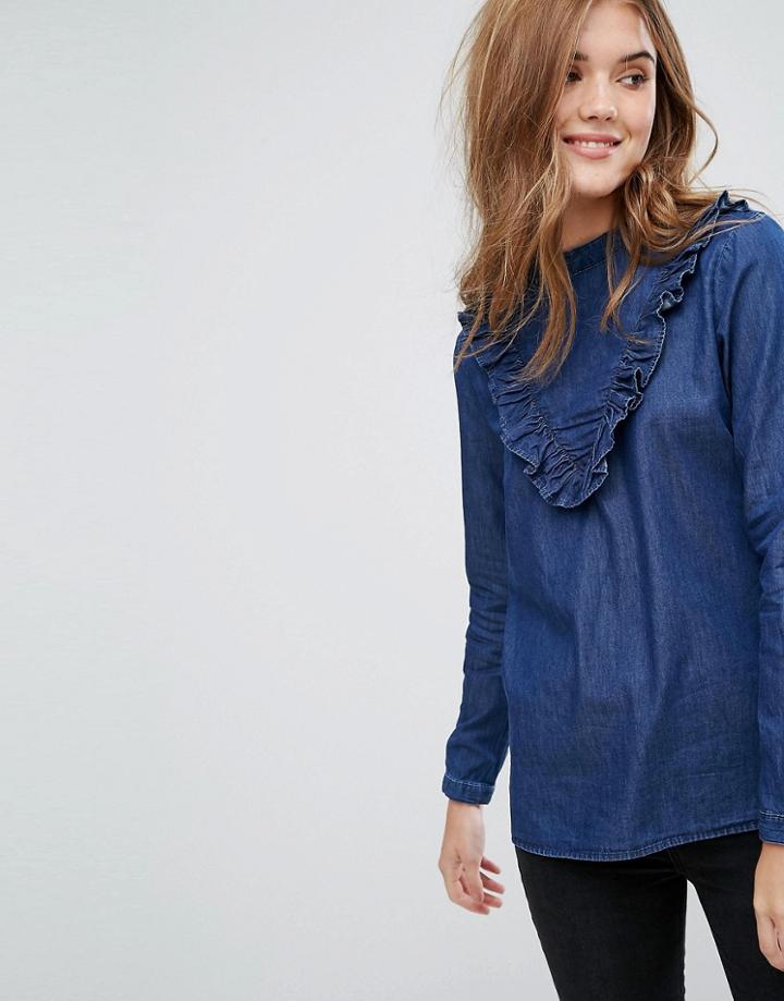 Jdy High Neck Denim Top With Frill Hem - Blue