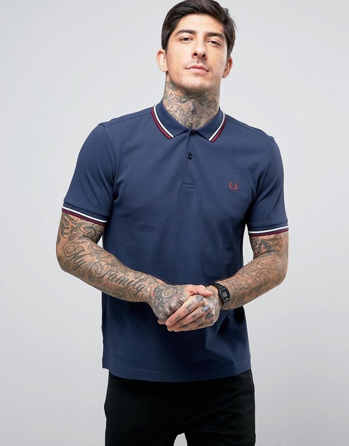 Fred Perry Slim Pique Polo Shirt Twin Tipped In Deep Night - Navy