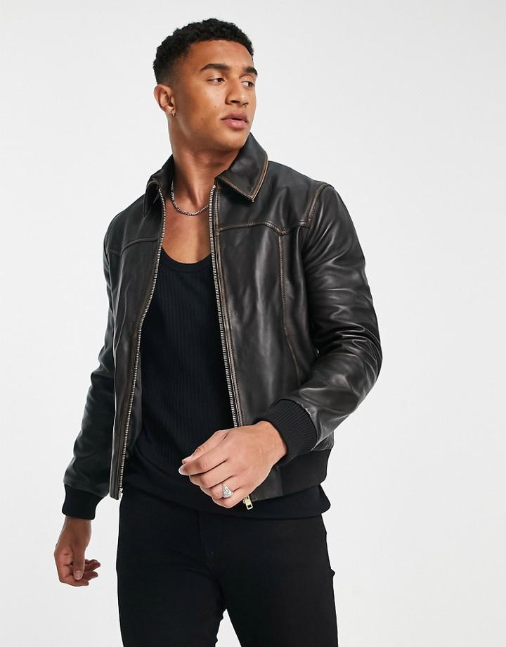 Barneys Originals Vintage Style Leather Jacket In Black