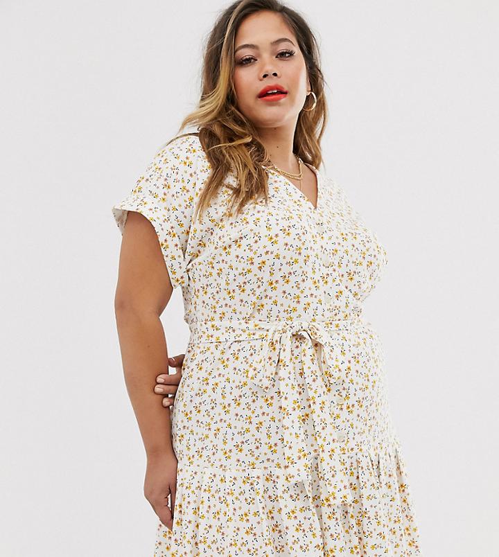 Asos Design Curve Midi Button Through Belted Tea Dress In Ditsy Floral - Multi