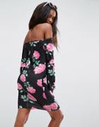 Asos Off Shoulder Bodycon Mini Dress With Trumpet Sleeves In Rose Print - Multi