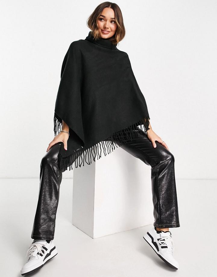 Vero Moda Roll Neck Poncho With Tassel Hem In Black