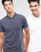 Asos 2 Pack Pique Muscle Polo Shirt In White/navy Marl Save - Multi