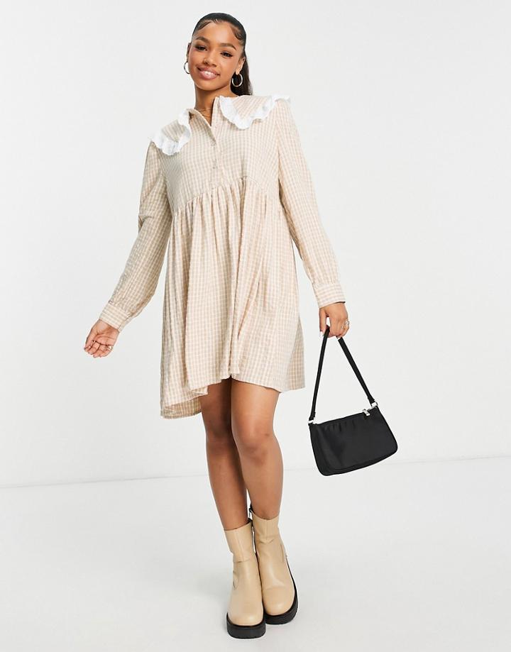 Lola May Smock Dress With Collar In Beige Gingham-neutral