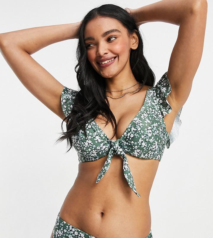 Peek & Beau Fuller Bust Exclusive Underwire Bikini Top With Ruffle Sleeves And Tie Detail In Green Floral