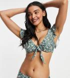 Peek & Beau Fuller Bust Exclusive Underwire Bikini Top With Ruffle Sleeves And Tie Detail In Green Floral
