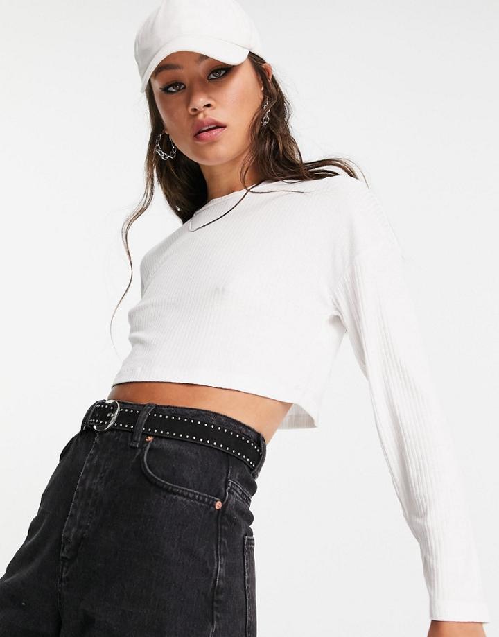 Asos Design Long Sleeve Super Crop Top In Drapey Rib In White