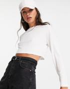 Asos Design Long Sleeve Super Crop Top In Drapey Rib In White