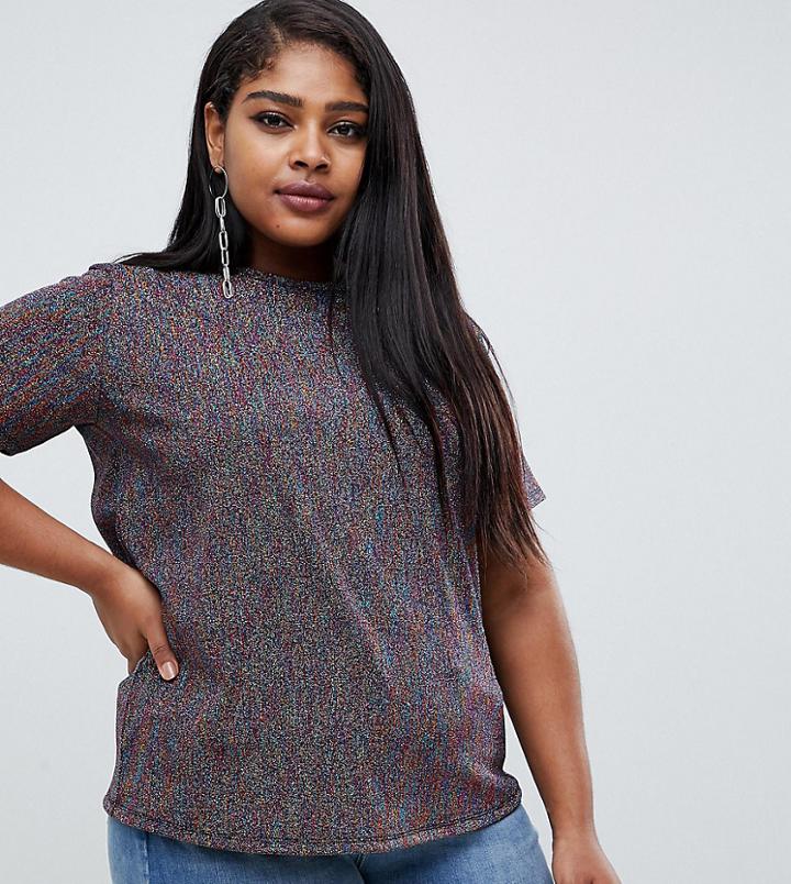 Asos Design Curve T-shirt In Glitter Metallic - Silver