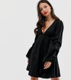 Asos Design Petite Broderie Mini Dress With Tuck Sleeve-black