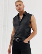 Asos Design Regular Fit Satin Sleeveless Shirt In Black - Black