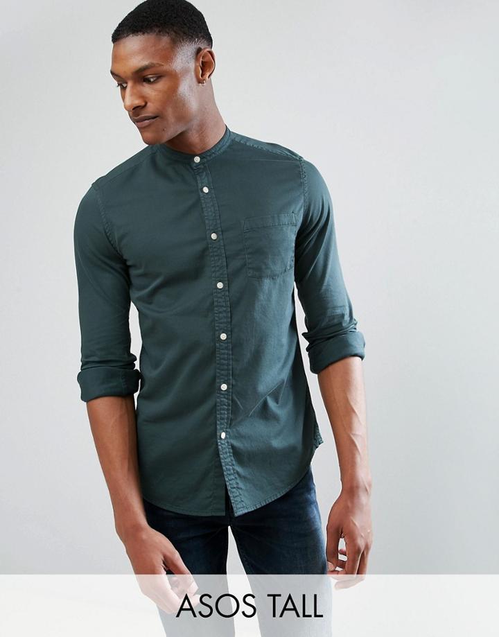 Asos Tall Stretch Slim Denim Shirt With Grandad Collar In Green - Green