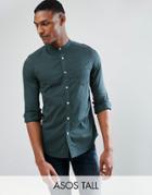 Asos Tall Stretch Slim Denim Shirt With Grandad Collar In Green - Green