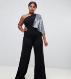 Club L Plus One Shoulder Jumpsuit With Sequin Cape Sleeve - Black