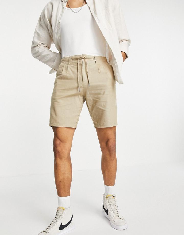 Only & Sons Linen Drawstring Shorts In Beige-neutral