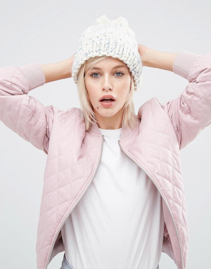 Asos Extra Chunky Beanie With Mixed Knit Pom Beanie - White