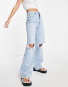 Stradivarius 90s Dad Jeans With Rips In Light Wash-blues