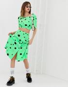 Reclaimed Vintage Inspired Midi Two-piece Skirt With Button Front In Spot Ditsy Print - Green
