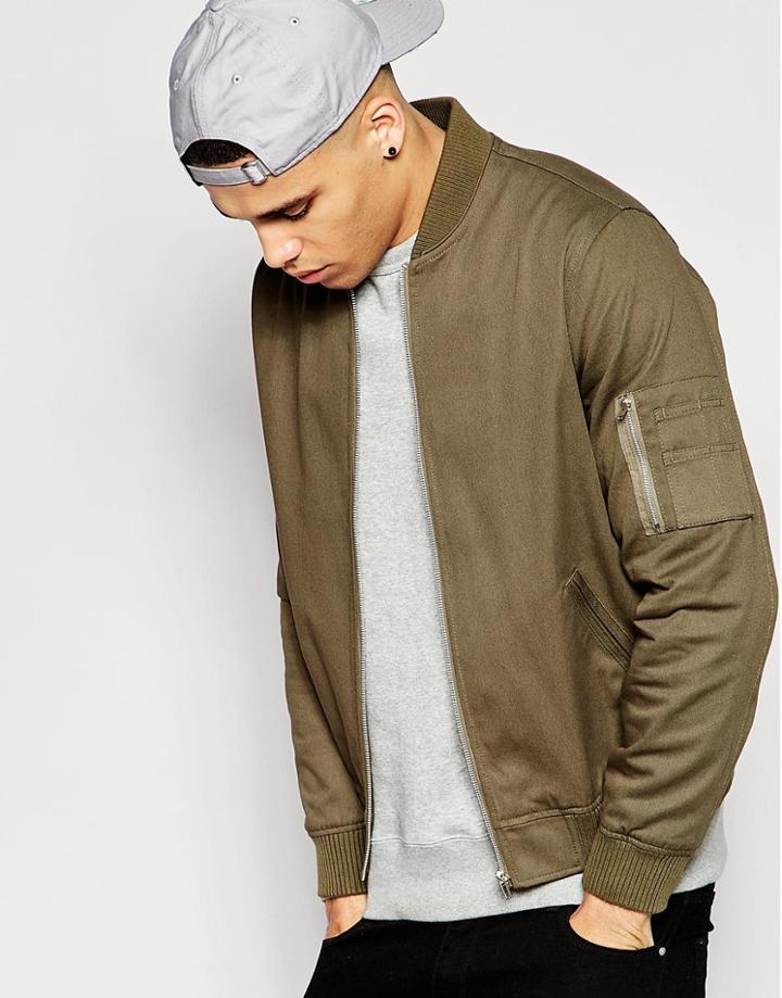 Asos Bomber Jacket With Ma1 Pocket In Light Khaki - Khaki