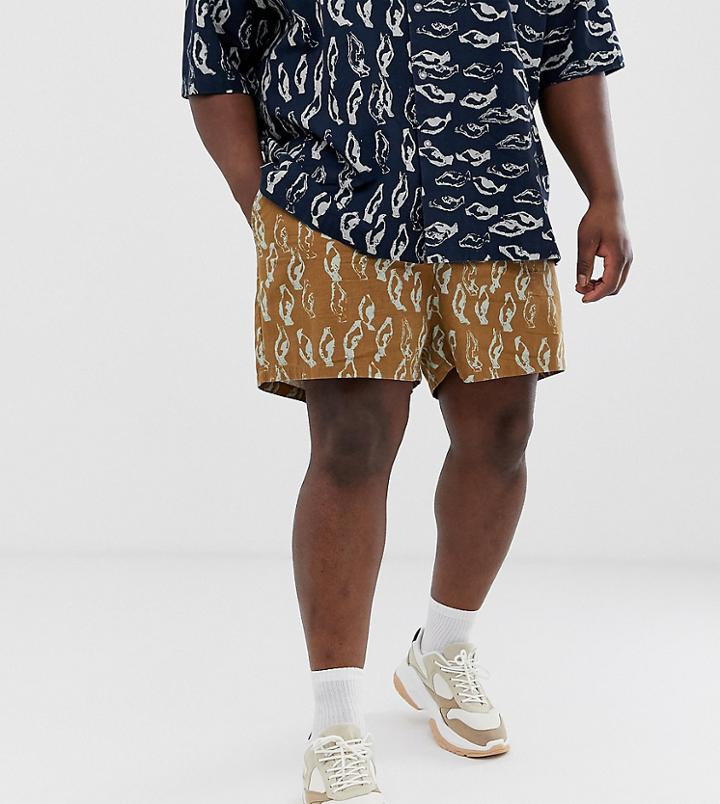 Asos White Plus Two-piece Boxy Shorts In Abstract Print Heavy Crinkle Cotton-brown