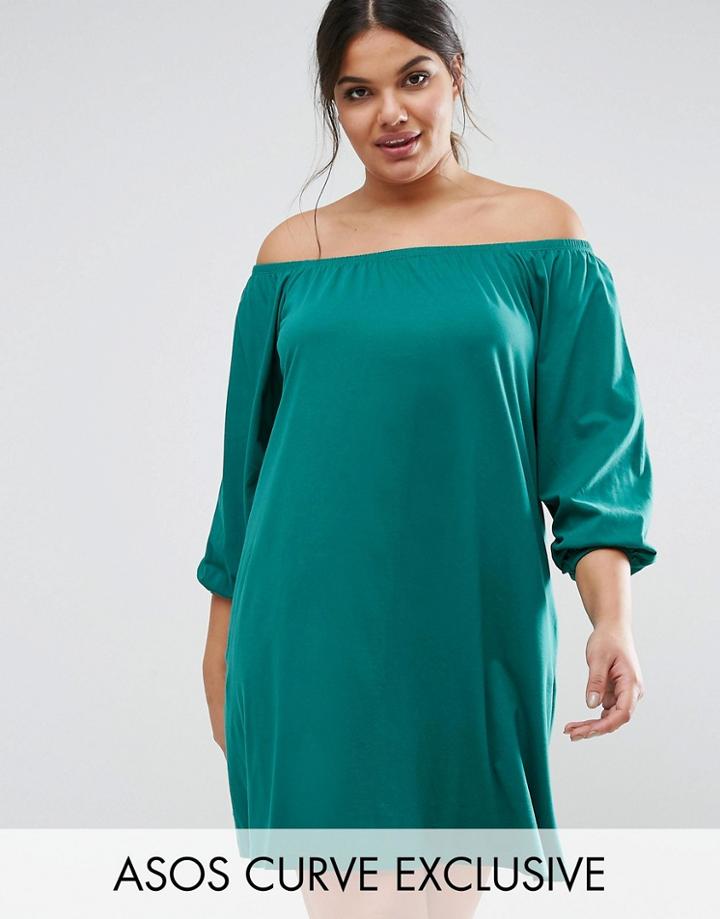 Asos Curve Off Shoulder Boho Mini Dress With Long Sleeves - Green