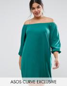 Asos Curve Off Shoulder Boho Mini Dress With Long Sleeves - Green