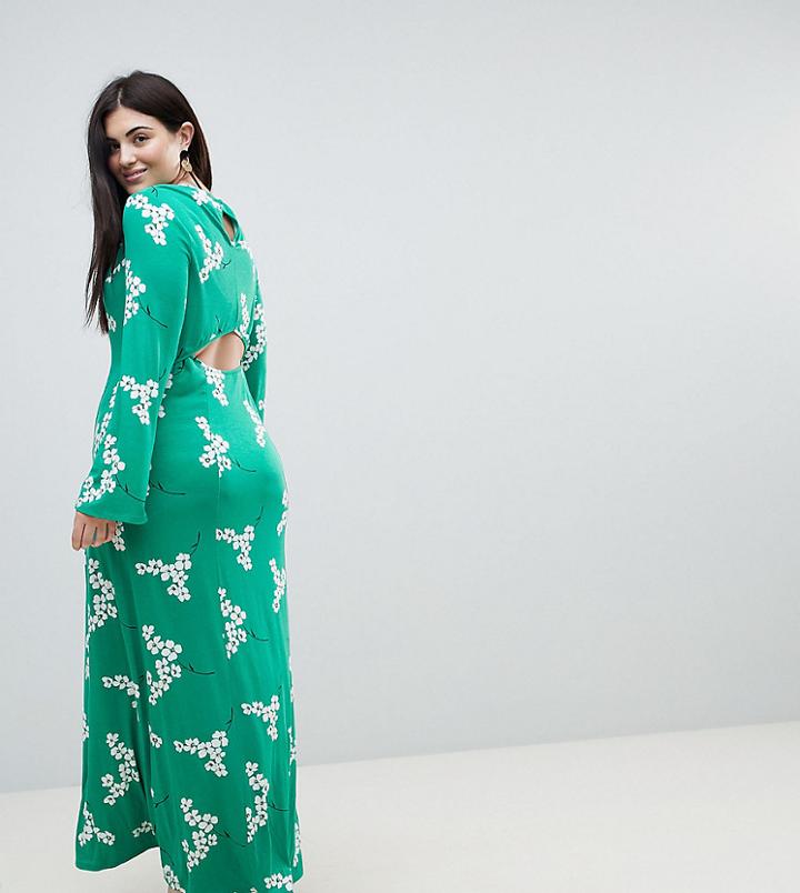 Asos Curve Maxi Tea Dress With Open Back In Green Floral - Multi