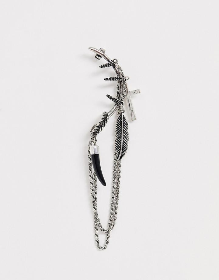 Asos Design Statement Ear Cuff With Cross And Feather In Burnished Silver Tone - Silver