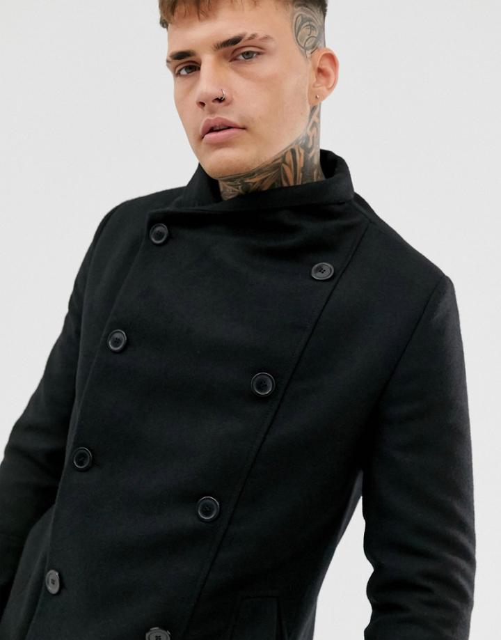 Religion Double Breasted Funnel Neck Overcoat With Pockets In Black