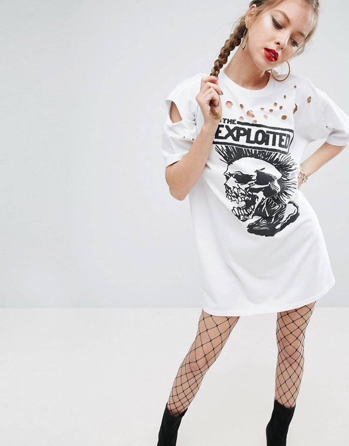 Asos Distressed T-shirt Dress With Exploited Print - White