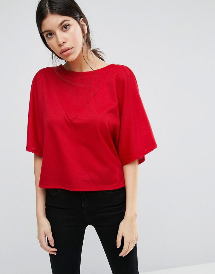 Vero Moda Cropped Shirt With V Insert - Red
