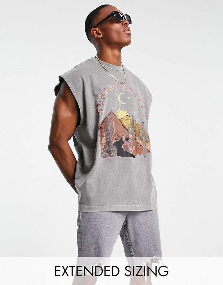 Asos Design Oversized Tank Top In Heavyweight Washed Black With Arizona Print-gray