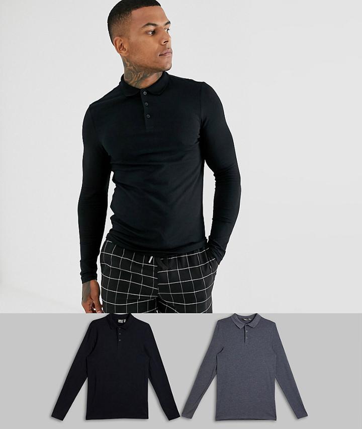 Asos Design 2 Pack Muscle Fit Long Sleeve Jersey Polo Save