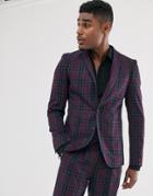 Devils Advocate Skinny Fit Berry Plaid Check Suit Jacket-navy