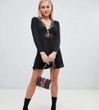 Missguided Petite Lace Trim Tie Front Skater Dress In Black - Black