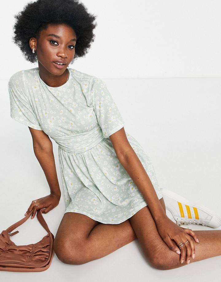 Asos Design Mini Swing Dress With Ruched Waist In Sage Daisy Print-green