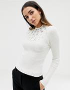 Asos Design High Neck Sweater With Embellishment-cream