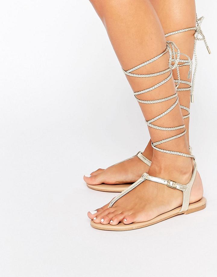 Aldo Peplow Gold Ghillie Tie Leather Flat Sandal - Gold