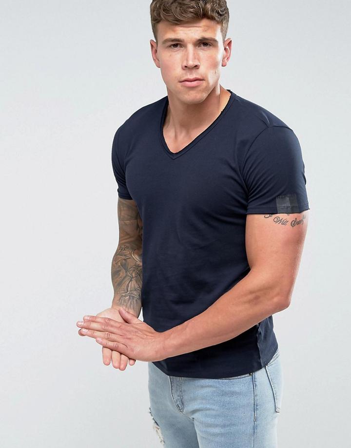 Replay Raw Hem V-neck T-shirt - Navy
